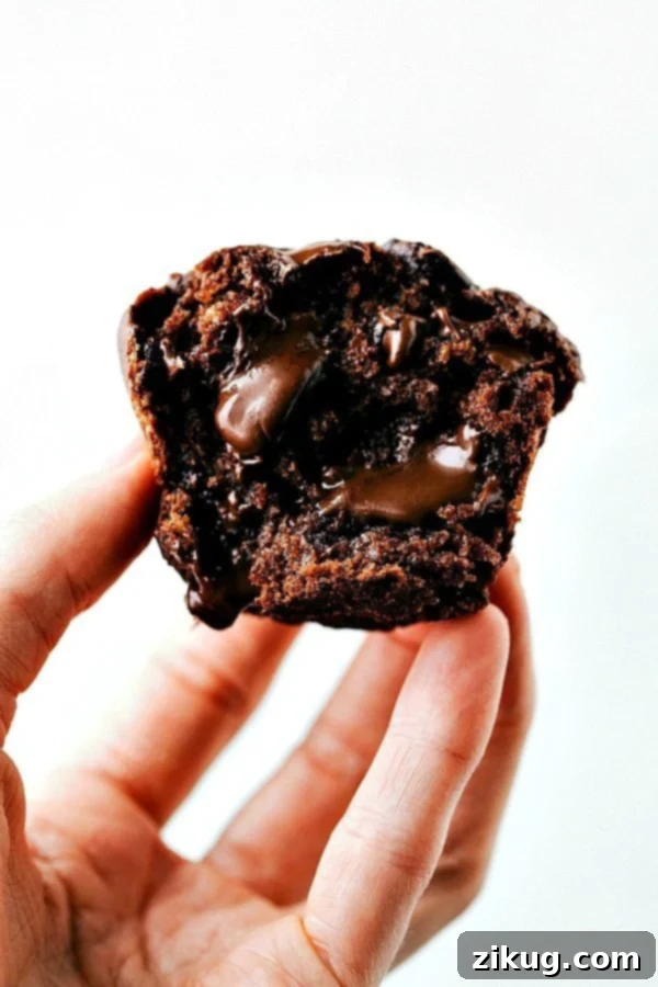 Moist Chocolate Banana Muffins with Greek Yogurt Close-up shot of a perfectly baked Chocolate Banana Muffin, showing its moist interior and chocolate chips