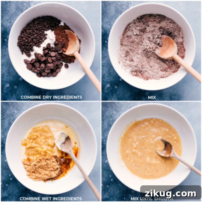 Preparation Steps for Chocolate Banana Muffin Batter Process images showing dry ingredients being whisked and wet ingredients being combined