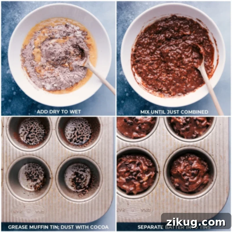 Steps for Combining Muffin Batter and Filling Pans Visual progress from mixing wet and dry ingredients to filling muffin tins for baking