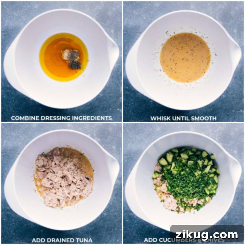 Process shots showing dressing ingredients being mixed, then tuna, cucumbers, and chives added