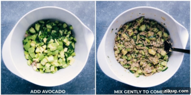 Process shots of the tuna salad no mayo, showing avocado being added and all ingredients being mixed together