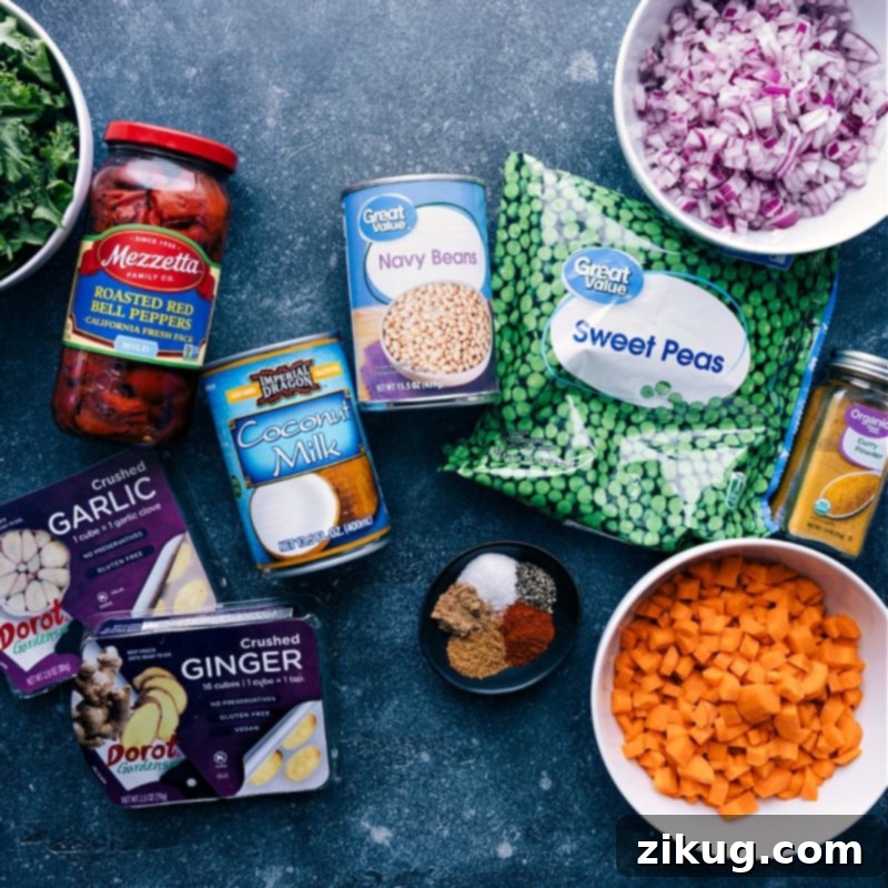 A beautifully arranged ingredient shot, displaying all the fresh and wholesome components used in this quick Vegan Curry recipe.