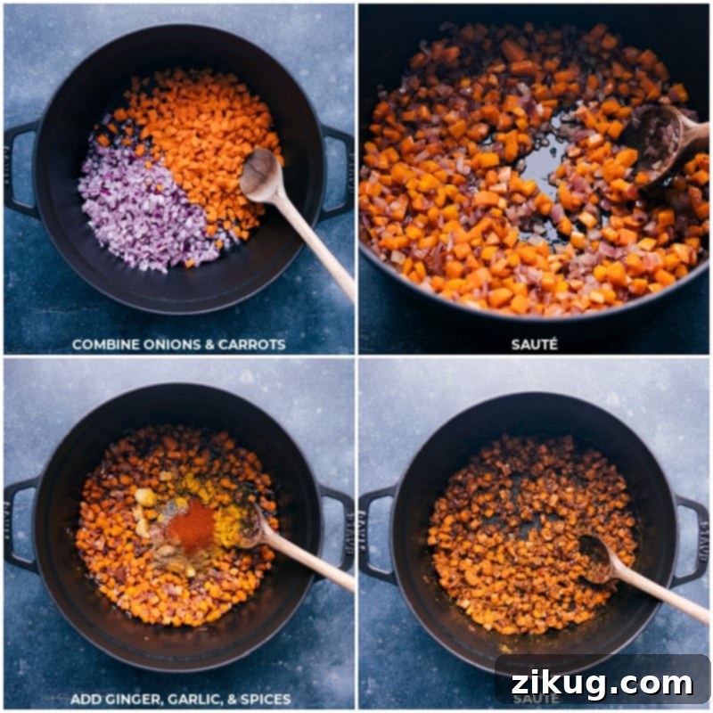 Process shots of the quick Vegan Curry preparation, showing onions and carrots being sautéed, followed by the addition of ginger, garlic, and aromatic spices.