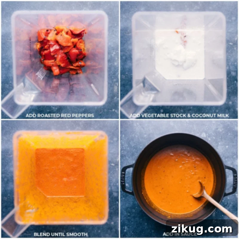 Process shots showing the red peppers, coconut milk, and vegetable stock being blended until smooth, then added to the simmering curry mixture.