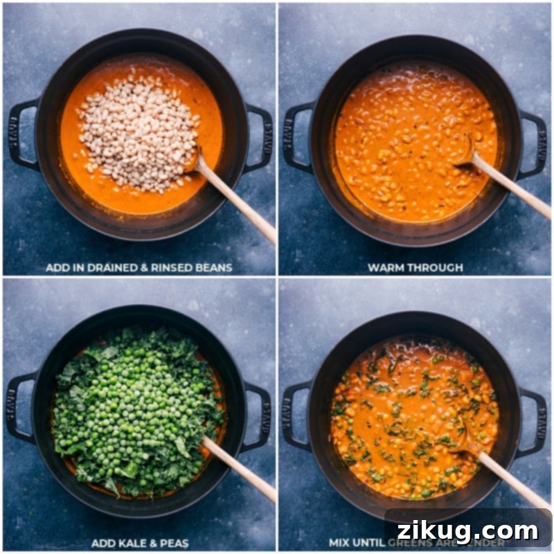 Process shots of the quick Vegan Curry, showing navy beans being added to the simmering sauce, followed by a generous addition of fresh kale and vibrant peas.