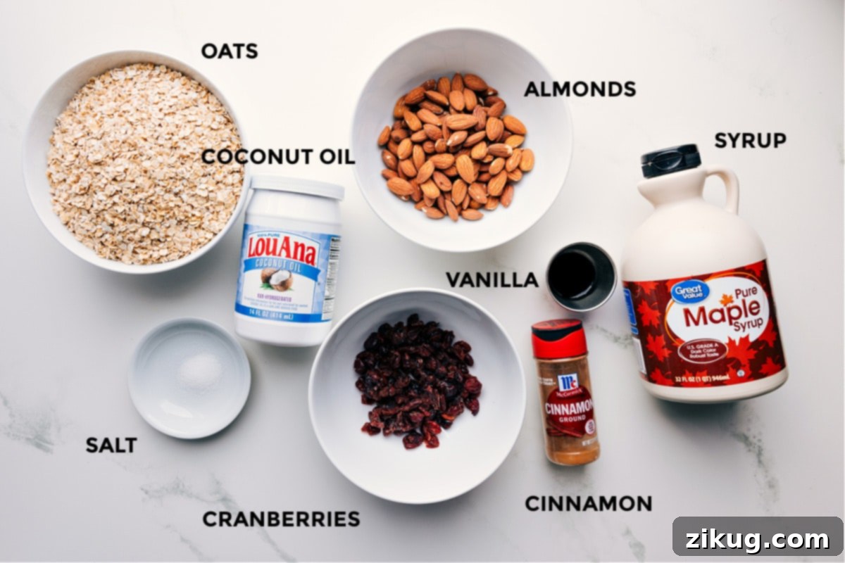 Key Ingredients for Easy Homemade Granola All ingredients for the easy homemade granola recipe laid out: coconut oil, quick oats, raw almonds, pure vanilla extract, maple syrup, ground cinnamon, dried cranberries, and a pinch of salt.