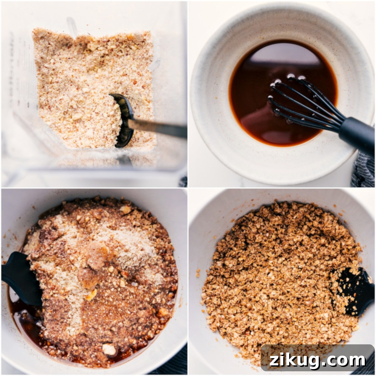 Simple Steps to Homemade Granola Steps for making Easy Homemade Granola: coarsely blending almonds, whisking wet ingredients, and combining all ingredients before baking.