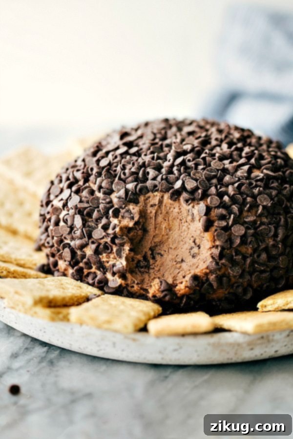 Simple and Delicious Brownie 'Batter' Dessert Cheese Ball Covered in Chocolate Chips with Graham Crackers Surrounding It Simple and delicious brownie 'batter' dessert cheese ball covered in chocolate chips with graham crackers surrounding it.