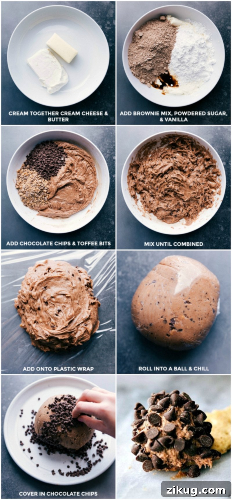 Preparing and Combining the Ingredients for the Brownie Batter Cheese Ball Recipe Cream together butter and cream cheese; add brownie mix, sugar, and vanilla and mix well; add chocolate chips and toffee bits; mix until combined; wrap in plastic; chill; cover in mini chocolate chips; ready to eat.