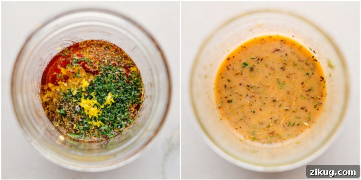 Easy Steps to Make Italian Chicken Marinade The vibrant Italian chicken marinade being expertly mixed together in a convenient mason jar, clearly demonstrating the remarkable ease of its preparation and assembly.