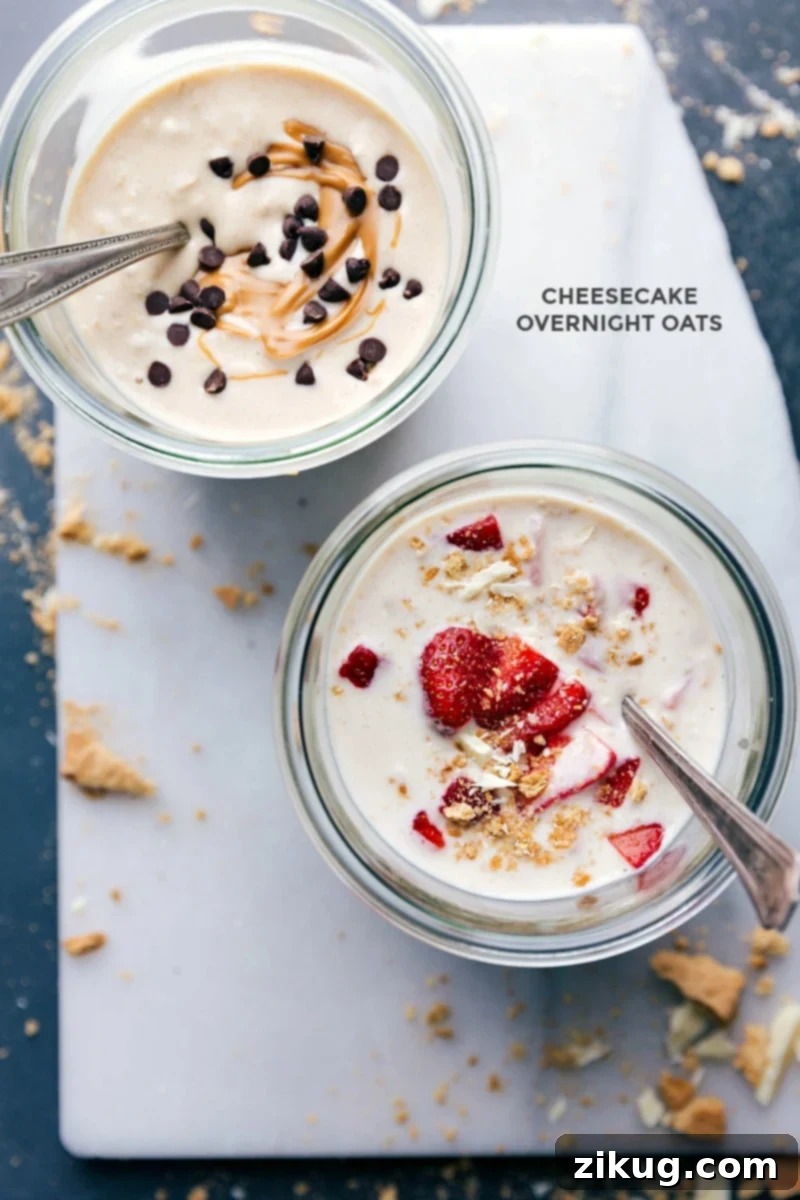 Cheesecake Overnight Oats Variations: Peanut Butter and Strawberry Two variations of cheesecake overnight oats: one with peanut butter and the other with strawberries, both garnished beautifully.