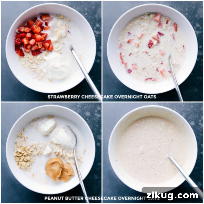 Preparing Cheesecake Overnight Oats: Mixing Ingredients for Peanut Butter and Strawberry Variations Ingredients for both peanut butter and strawberry cheesecake overnight oats variations are added to a bowl and mixed.