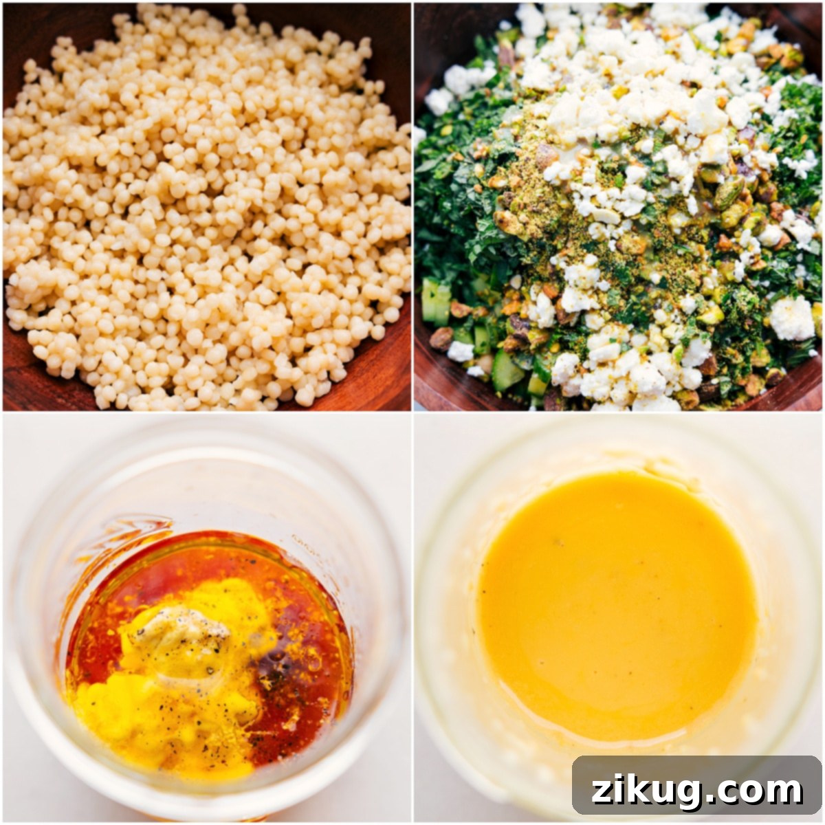 How To Make Jennifer Aniston Salad Step-by-Step The couscous and all the other ingredients being layered into a large bowl and the dressing being mixed together in a mason jar for this Jennifer Aniston Salad recipe, highlighting the simple assembly process.