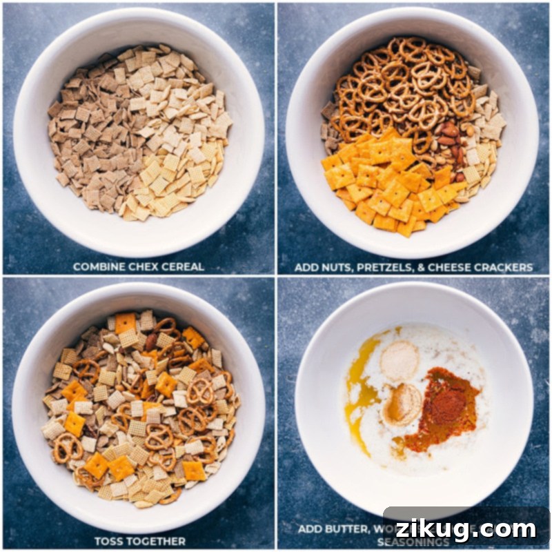 Step-by-step guide to making the best Chex Mix recipe: Mixing dry ingredients and preparing the flavorful butter sauce. #chexmix #homemadesnacks #recipeprocess #snackideas Process shots for making Chex Mix: Combining cereals, adding nuts, pretzels and crackers, tossing them together, and finally mixing butter with Worcestershire sauce and seasonings.