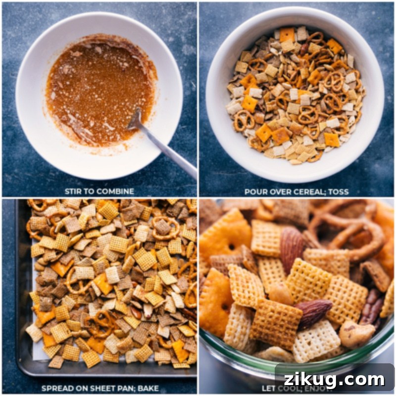 Steps for preparing the homemade Chex Mix, showing the seasoned butter being combined and poured over the dry ingredients before baking. #chexmixrecipe #cookingsteps #seasoning Stir together the butter sauce ingredients; pour over cereal mix and toss; spread on a sheet pan and bake; serve.
