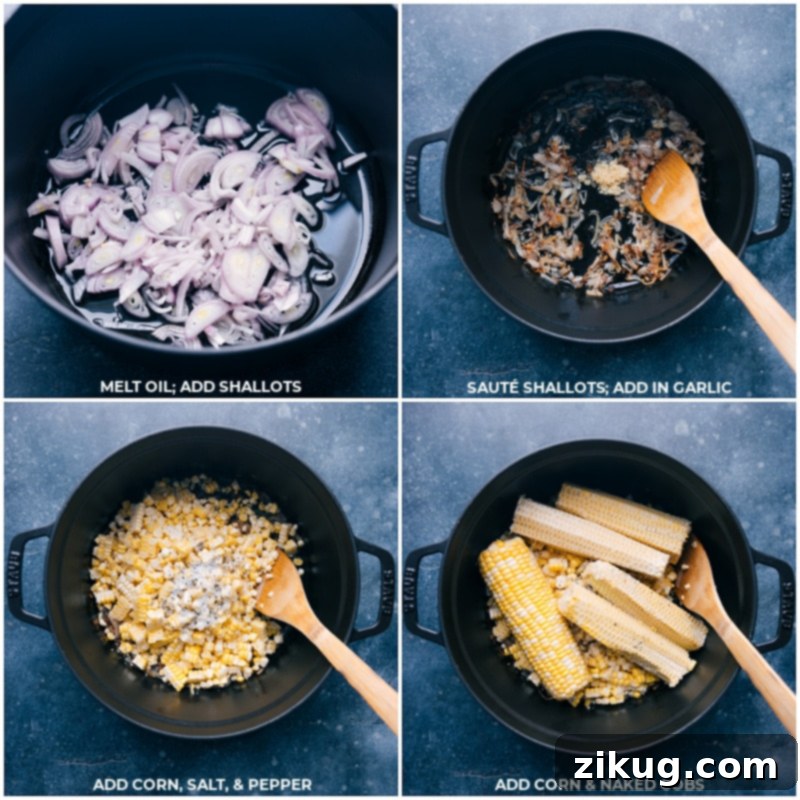Preparation: Sautéing Aromatics for Rich Corn Soup Shallots and garlic being sautéed in a pot, with fresh corn kernels and corn cobs ready to be added for the corn soup base.