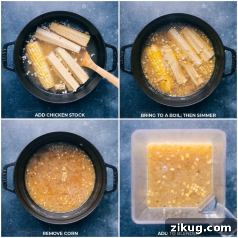 Corn Soup Process: Simmering, Removing Cobs, and Blending Adding chicken stock to the pot, simmering with corn and cobs, removing cobs, and blending the creamy corn soup.