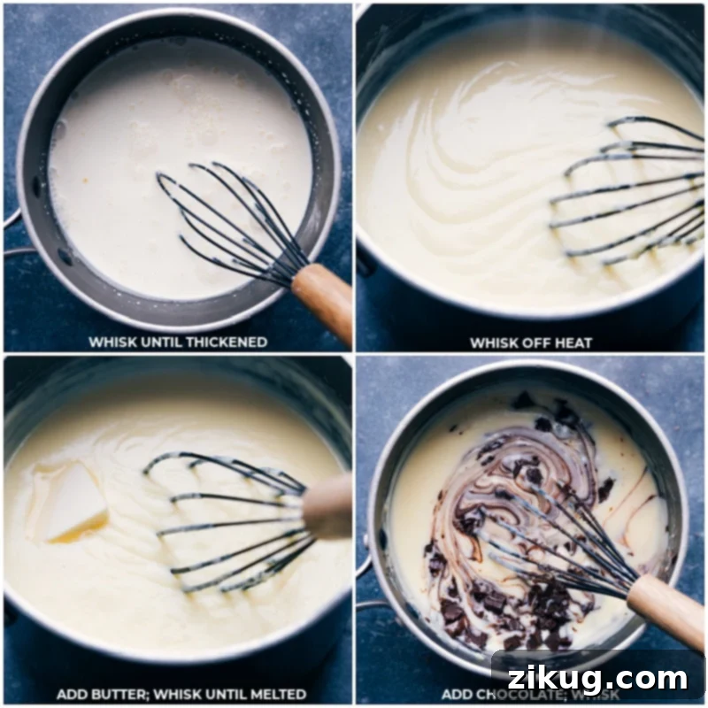 Delicious Chocolate Cream Pie Recipe Adding the butter and chocolate and whisking it all together.