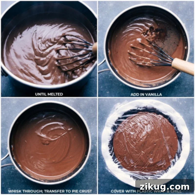 Recipes For Chocolate Cream Pie Adding the filling to the pie crust; covering the pie with plastic to keep it smooth while chilling for this Chocolate Cream Pie.