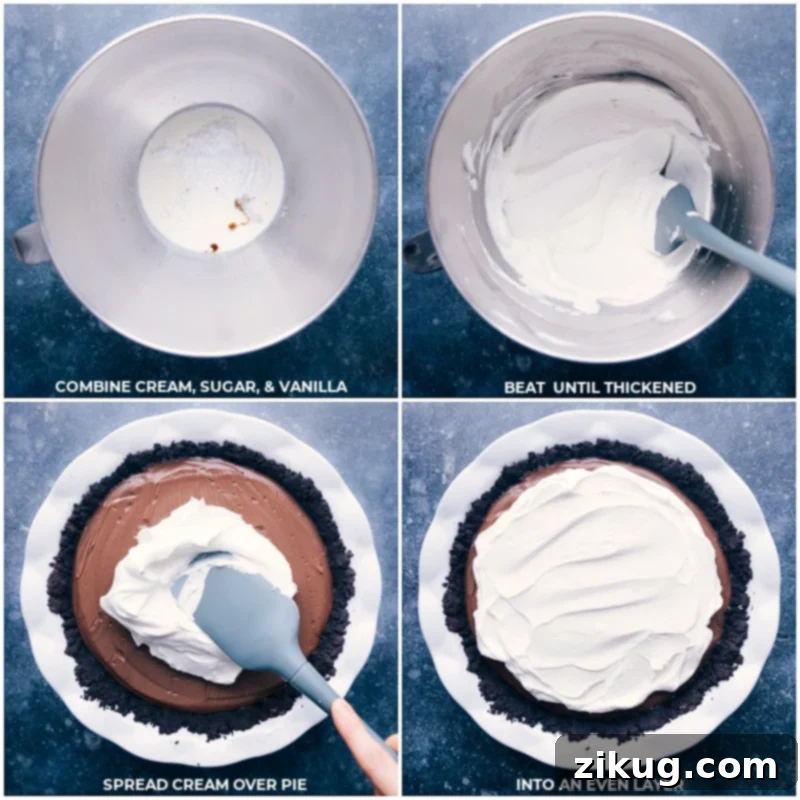 Favorite Chocolate Cream Pie Making the whipped cream and spreading it on the dessert.