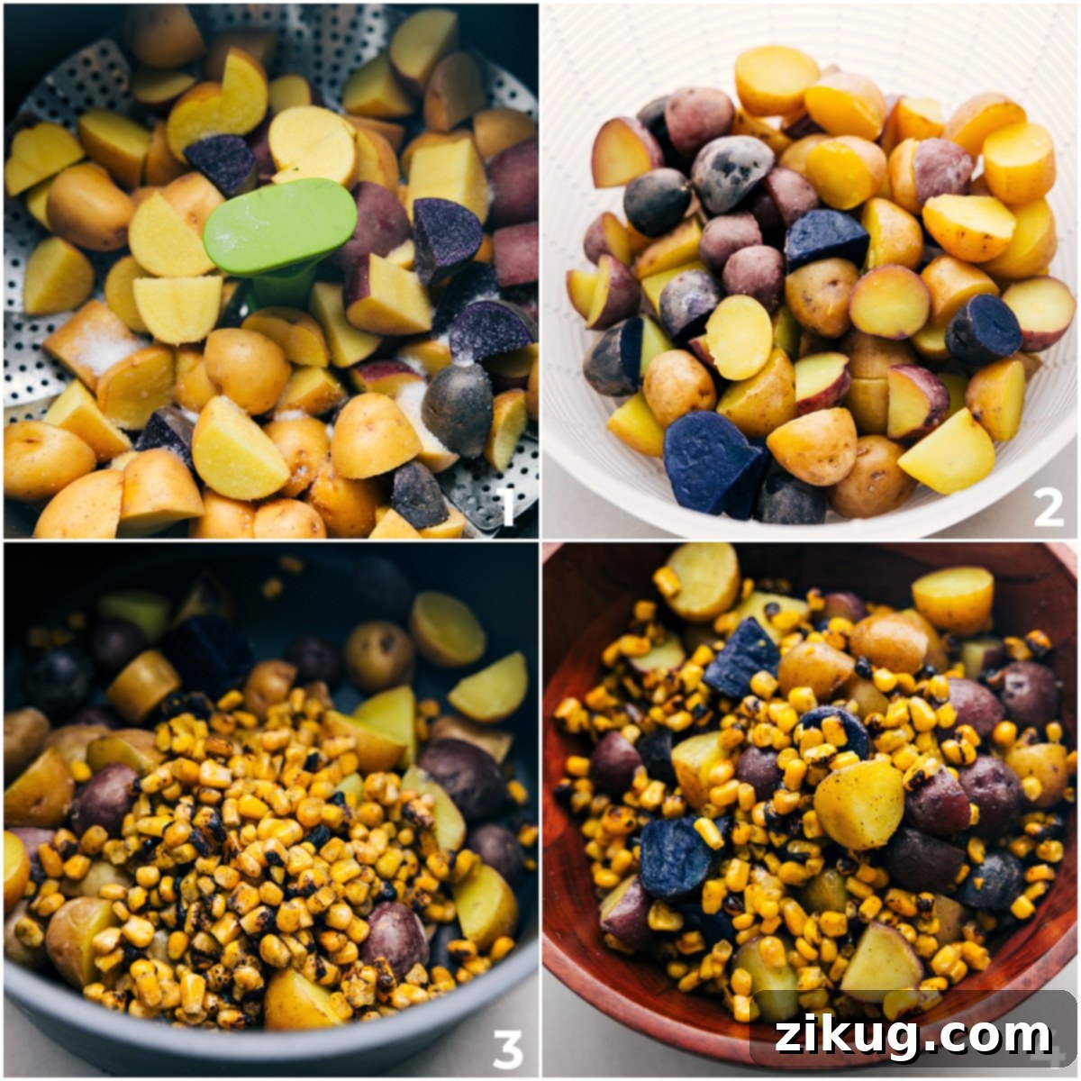 How To Make No Mayo Potato Salad Recipe The potatoes being steamed and cooked then the charred corn being added in.