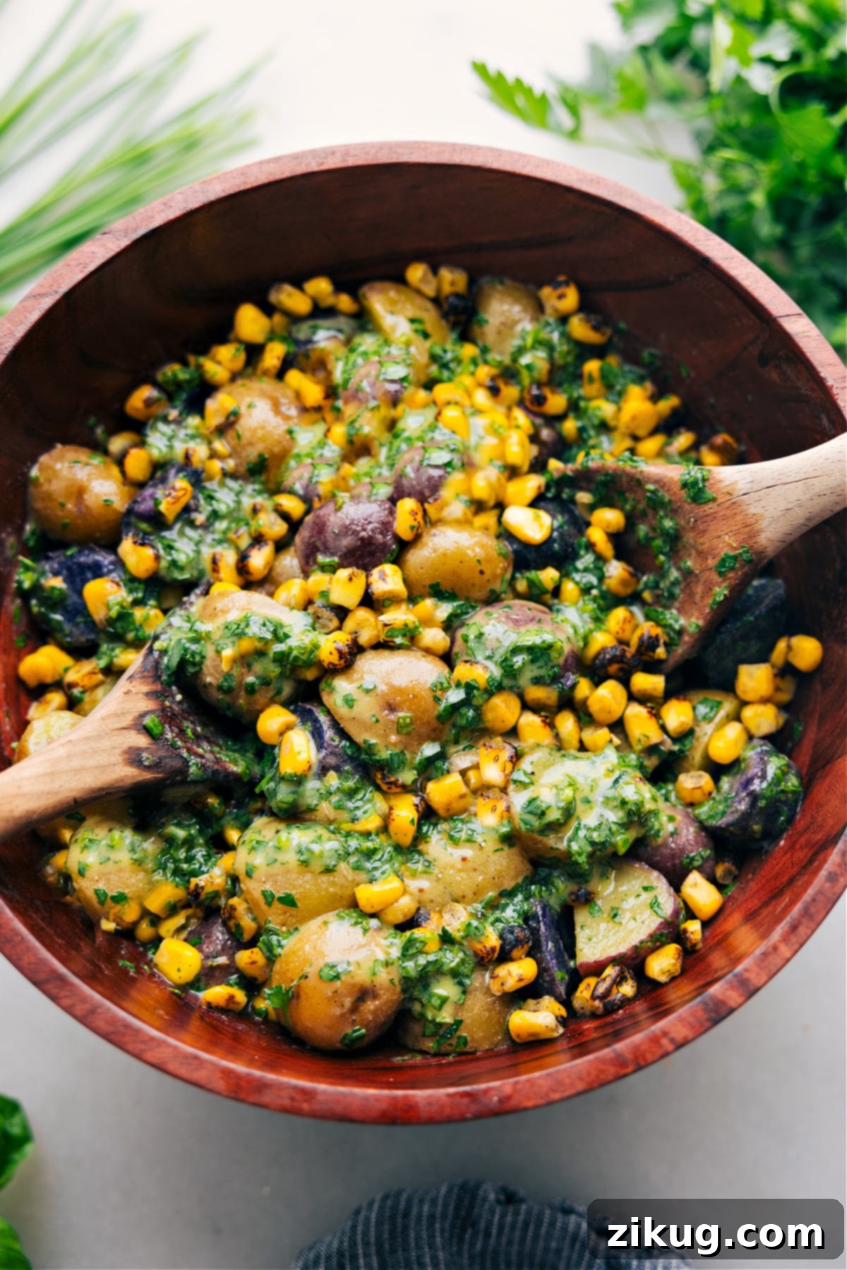 Big Bowl Of No Mayo Potato Salad Recipe No Mayo Potato Salad in a bowl tossed together and ready to be enjoyed.