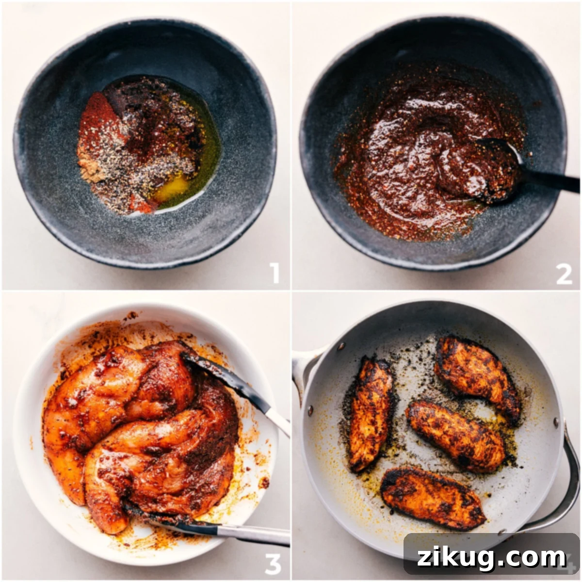 How To Prepare Blackened Chicken Step-by-step process of making blackened chicken: First, combine seasonings, vinegar, and oil in a bowl. Next, thoroughly rub the mixture onto the raw chicken. Finally, cook the chicken in a pot to develop a beautiful blackened crust.