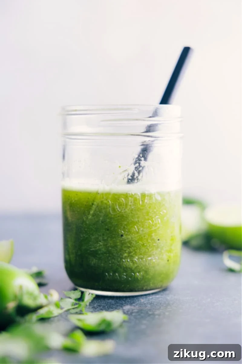 This bright and vibrant Cilantro Lime Dressing owes its flavor to fresh lime juice and citrusy cilantro. Plus it's easy to prepare -- simply throw everything into a blender and let it whirl! This naturally vegan, dairy-free, and gluten-free Cilantro Lime Dressing checks all the nutrition boxes. Recipe via chelseasmessyapron #dressing #quick #easy #simple #best #fresh #healthy #cilantro #lime #vinagrette Image of the cilantro lime vinaigrette