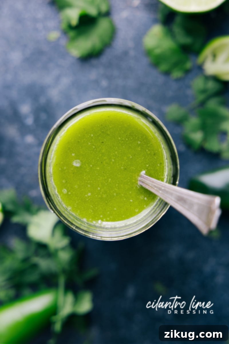 This bright and vibrant Cilantro Lime Dressing owes its flavor to fresh lime juice and citrusy cilantro. Plus it's easy to prepare -- simply throw everything into a blender and let it whirl! This naturally vegan, dairy-free, and gluten-free Cilantro Lime Dressing checks all the nutrition boxes. Recipe via ChelseasMessyApron.com #cilantrolime #cilantro #lime #citrusy #glutenfree #vegan #dairyfree #salads Overhead view of a jar filled with Cilantro Lime Dressing
