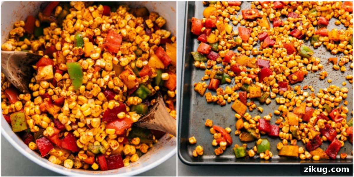 How To Make Roasted Corn Corn kernels and diced bell peppers tossed with olive oil and spices, spread evenly on a sheet pan, ready for roasting.