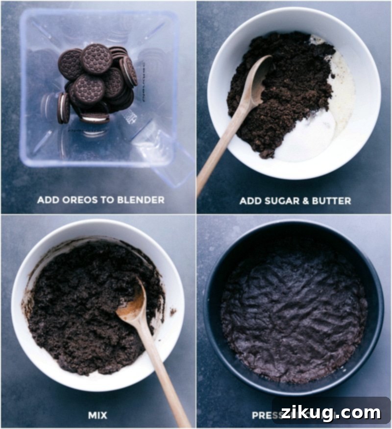 Preparing a Delicious Oreo Crust: Blending Oreos and Mixing with Additional Ingredients Step-by-step creation of a delicious Oreo crust by blending Oreo cookies and mixing the crumbs with melted butter and sugar.