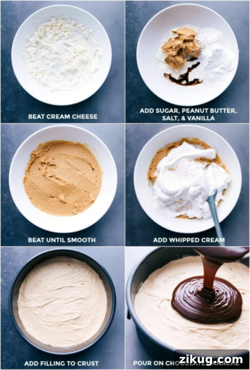 Preparing the Filling and Pouring Ganache for a Dessert Demonstrating the process of making and mixing the creamy peanut butter filling, spreading it over the chilled Oreo crust, and then carefully pouring the rich chocolate ganache on top.