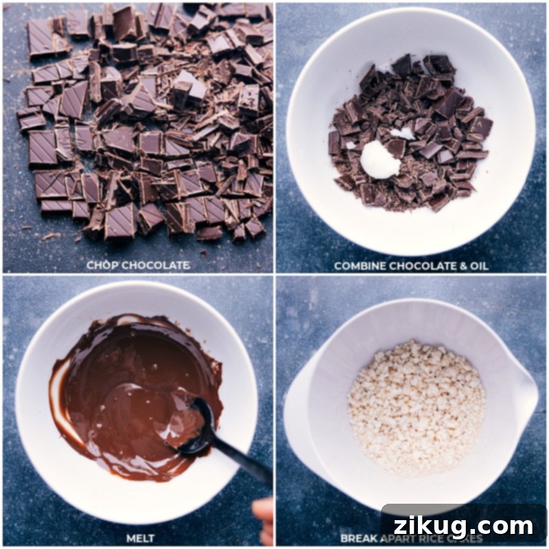 These Healthy Crunch Bars only require three ingredients and hardly any preparation time at all! We use dark chocolate which is known to be a powerful source of antioxidants. Bonus -- no need to stop by a specialty health food store-- you can find everything at your local supermarket! Recipe viaChelseasMessyApron.com #treats #quickandeasy #afterschool #chocolate #ricecakes #healthy Process shots: chop dark chocolate, combine with coconut oil; melt gently in microwave; then break up plain rice cakes into small pieces.