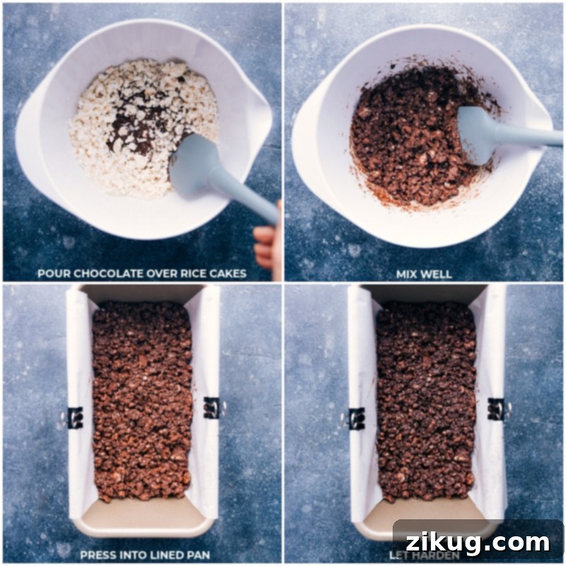 These Healthy Crunch Bars only require three ingredients and hardly any preparation time at all! We use dark chocolate which is known to be a powerful source of antioxidants. Bonus -- no need to stop by a specialty health food store-- you can find everything at your local supermarket! Recipe viaChelseasMessyApron.com #treats #quickandeasy #afterschool #chocolate #ricecakes #healthy Process shots: pour melted chocolate over crumbled rice cakes; mix thoroughly; press into a parchment-lined pan; let harden in the fridge.