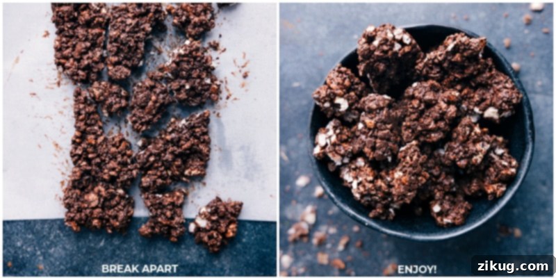 These Healthy Crunch Bars only require three ingredients and hardly any preparation time at all! We use dark chocolate which is known to be a powerful source of antioxidants. Bonus -- no need to stop by a specialty health food store-- you can find everything at your local supermarket! Recipe viaChelseasMessyApron.com #treats #quickandeasy #afterschool #chocolate #ricecakes #healthy Process shots: break apart the hardened pieces of Healthy Crunch Bars; enjoy a delicious, easy treat.