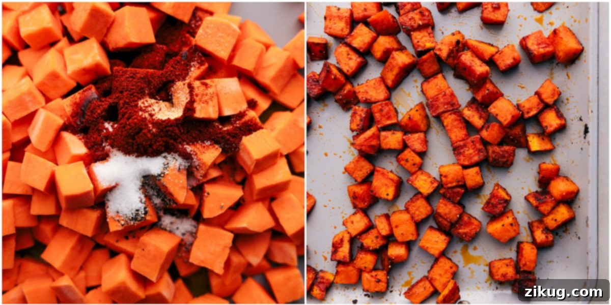 Roasting Sweet Potatoes To Crispy Perfection For Sweet Potato Black Bean Salad Diced sweet potatoes seasoned with spices and olive oil, spread in a single layer on a baking sheet, ready for roasting to golden perfection for the Sweet Potato Black Bean Salad.