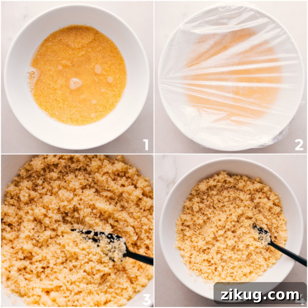Fine bulgur wheat being prepared by soaking in boiling water, then fluffed with a fork to achieve the perfect texture for this Tabouli recipe.