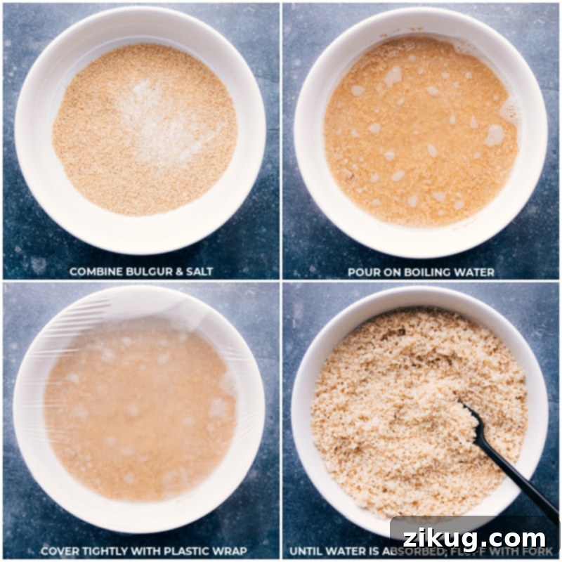 Achieving perfectly fluffy bulgur for your salad is easy! Just combine bulgur with salt, add boiling water, cover, and let it stand until absorbed. Then fluff with a fork. Step-by-step process of cooking bulgur: combining bulgur wheat and salt, pouring boiling water over it, covering tightly with plastic wrap, and finally fluffing with a fork after water absorption.