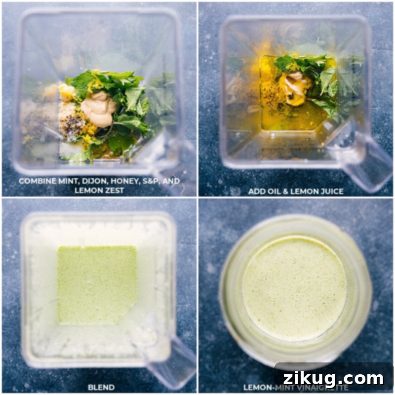 The vibrant lemon-mint dressing for this Bulgur Salad is easy to make. Just blend fresh mint, Dijon, honey, lemon zest, salt, pepper, olive oil, and lemon juice until smooth and creamy. Process shots showing how to make the lemon-mint dressing: combining fresh mint, Dijon mustard, honey, lemon zest, salt, and pepper; then adding olive oil and lemon juice, and blending until smooth.