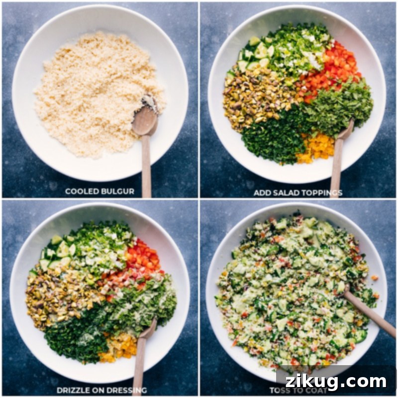 Assemble your vibrant Bulgur Salad by combining cooled bulgur with all your fresh toppings, then generously drizzle with the lemon-mint dressing and toss gently. Process shots of assembling Bulgur Salad: Adding diced red pepper, cucumbers, dried apricots, parsley, green onions, and pistachios to the cooled bulgur, then drizzling with lemon-mint dressing and tossing to coat.