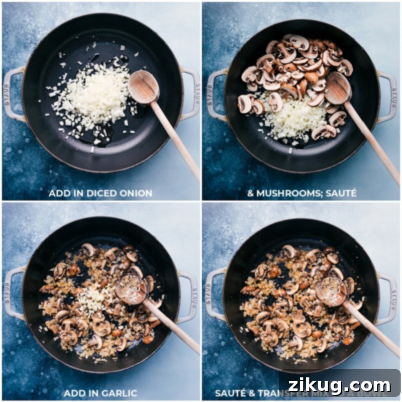 Detailed process shots showing onions, mushrooms, and garlic being expertly sautéed in a skillet, forming the flavor base for the creamy chicken gnocchi pasta. Sautéing onions, mushrooms, and garlic for creamy chicken gnocchi pasta