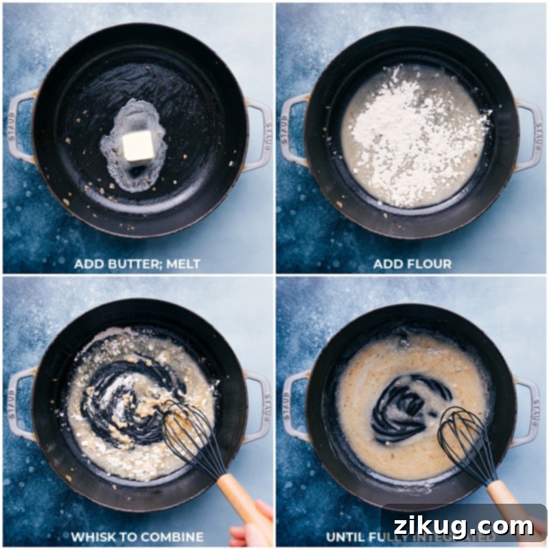 Process shots illustrating the careful creation of a classic roux, a fundamental step for achieving the rich, thick, and creamy sauce that defines our chicken gnocchi pasta. Creating a roux for the creamy sauce in chicken gnocchi pasta