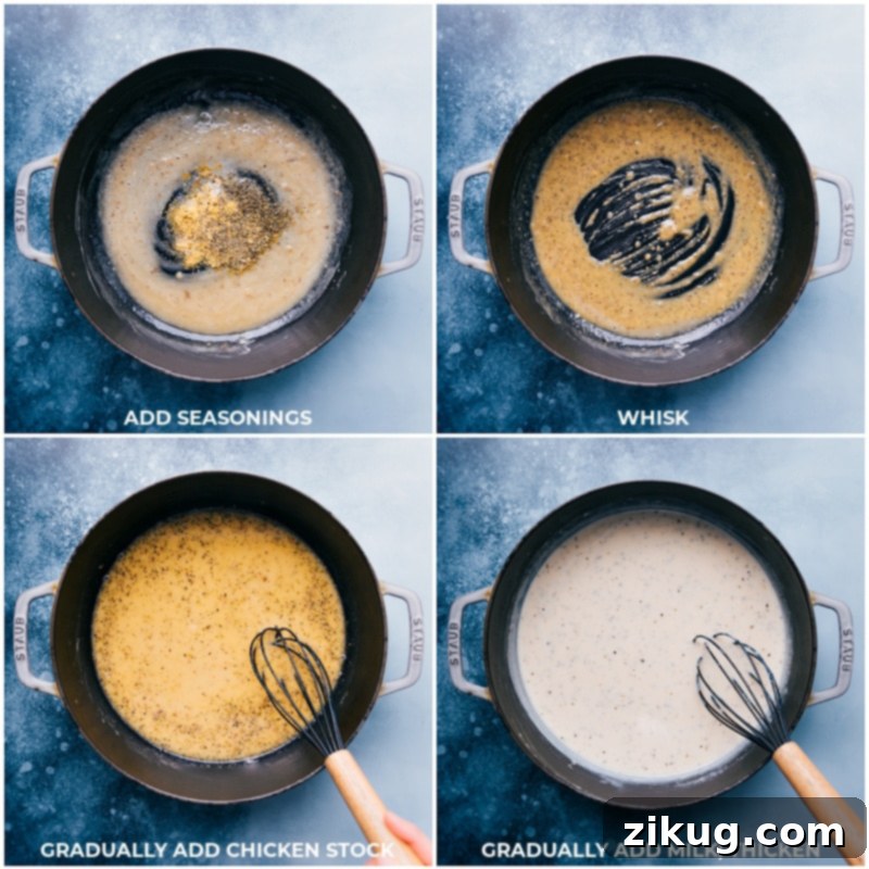 Detailed process shots demonstrating the careful preparation of the luscious, creamy sauce directly in the skillet, a critical step for perfect chicken gnocchi pasta. Making the creamy sauce for chicken gnocchi pasta in a skillet