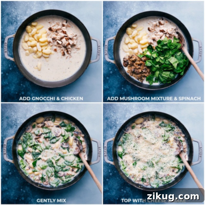 Process shots depicting the crucial step of incorporating tender gnocchi and flavorful chopped chicken into the rich, creamy sauce, all within the convenient confines of a single skillet. Adding gnocchi and chicken to the creamy sauce in a skillet