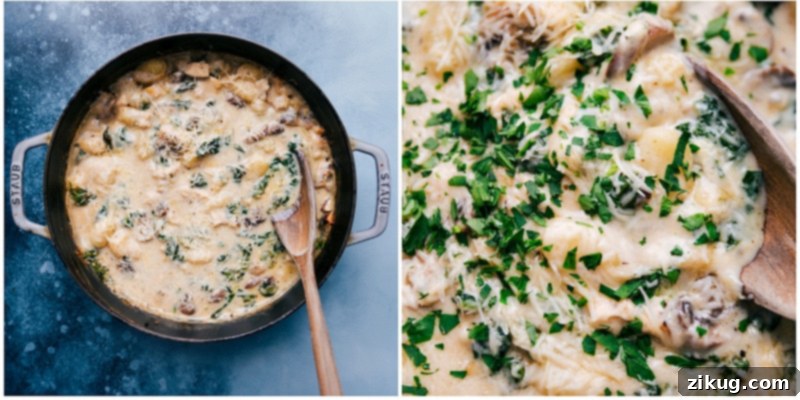 The final, beautifully garnished creamy chicken gnocchi pasta, fresh from the oven and ready to be served, showcasing its golden-brown top and inviting texture. Finished creamy chicken gnocchi pasta with fresh parsley garnish