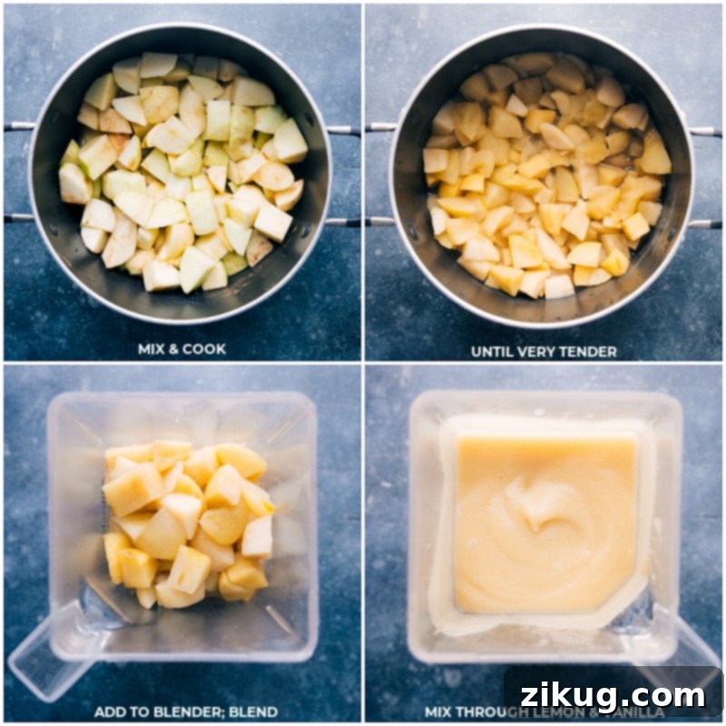 Cooked apples being blended into applesauce Process shots of applesauce being cooked and blended
