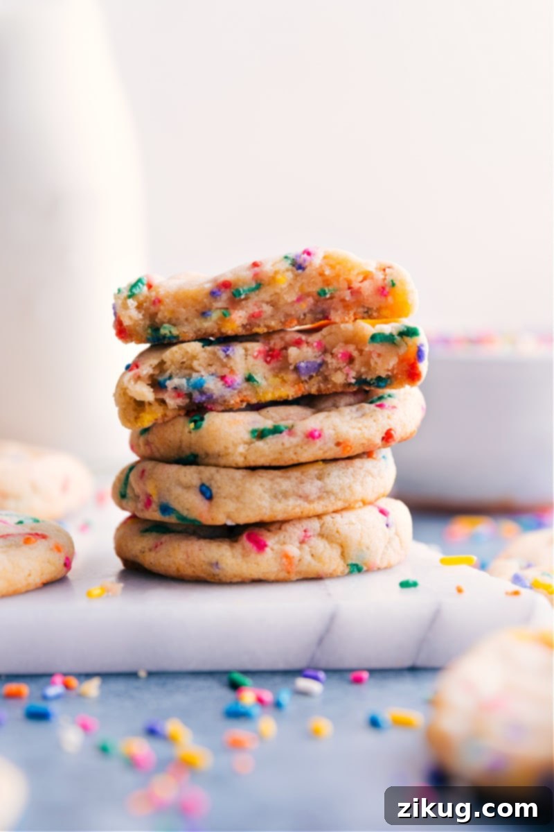 Birthday Cake Cookies 2 A beautiful stack of soft and chewy Funfetti Cookies adorned with colorful rainbow sprinkles, ready to be enjoyed.