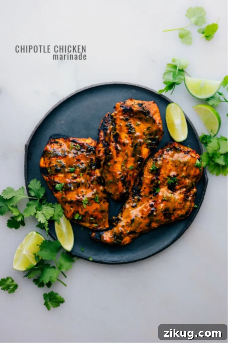 The Best Chipotle Chicken Marinade: Perfectly seasoned chicken with a smoky, spicy kick, gorgeous charred exterior, and incredibly juicy interior. An unbeatable recipe for family-friendly dinners, quick meals, and low-carb options. Overhead view of perfectly grilled chipotle chicken with a golden, charred crust, ready to be served