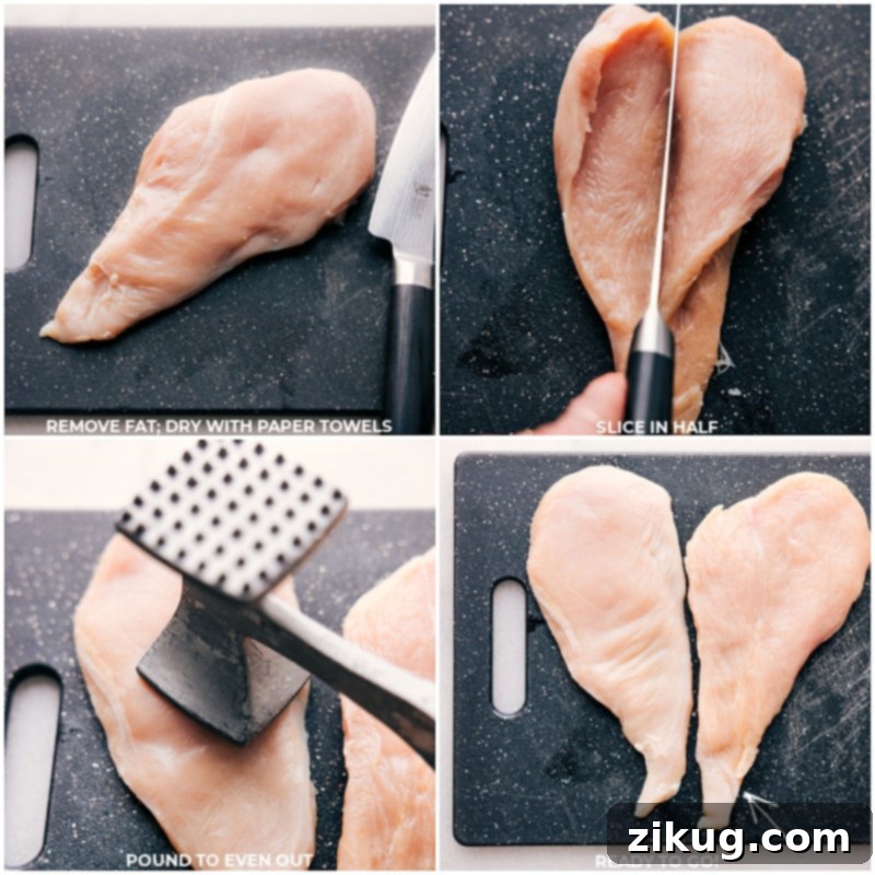 Preparing boneless, skinless chicken breasts for the Chipotle Chicken Marinade. Pounding chicken to an even thickness ensures even cooking and juicy results. This recipe delivers perfectly seasoned chicken with just the right amount of spice. Process shots showing raw chicken breasts being prepped and pounded to an even thickness for marinating