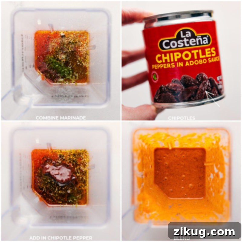 Assembling the Chipotle Chicken Marinade: All ingredients are blended together to create a smooth, flavorful mixture. This ensures even seasoning for perfectly charred and juicy chicken. Process shots showing all the marinade ingredients being added to a blender and then blended until smooth